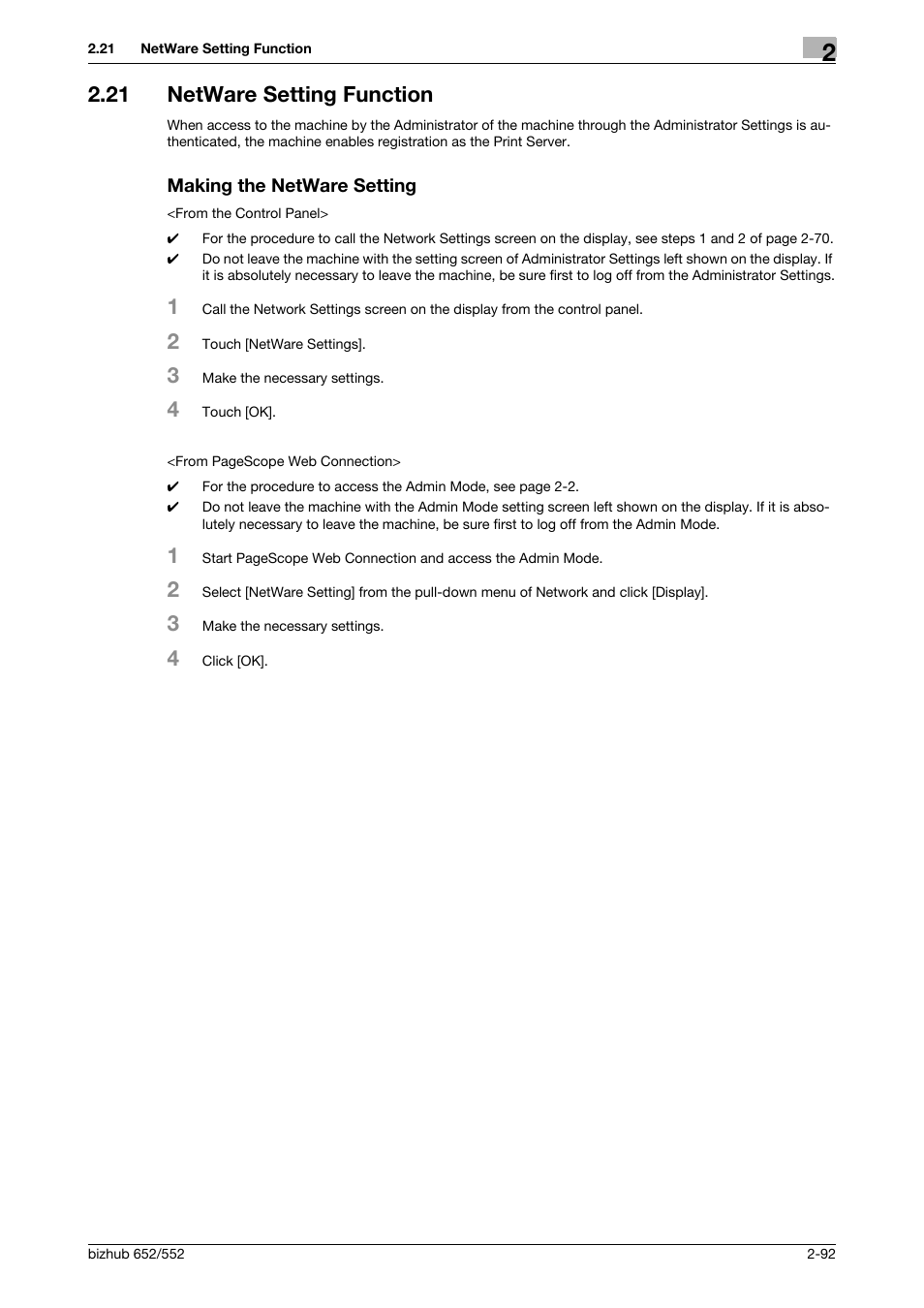 21 netware setting function, Making the netware setting | Konica Minolta bizhub Secure User Manual | Page 107 / 185