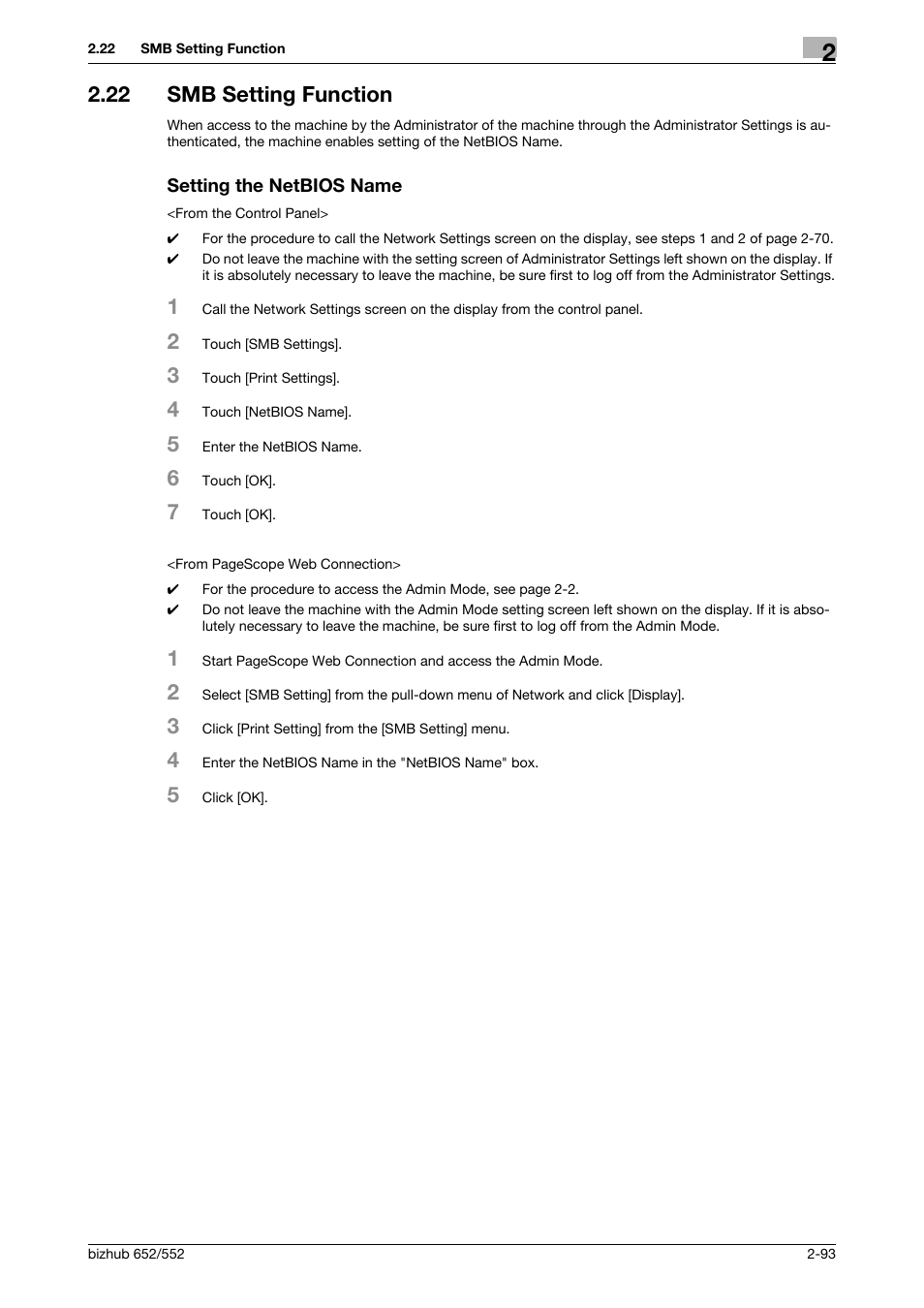 22 smb setting function, Setting the netbios name | Konica Minolta bizhub Secure User Manual | Page 108 / 185