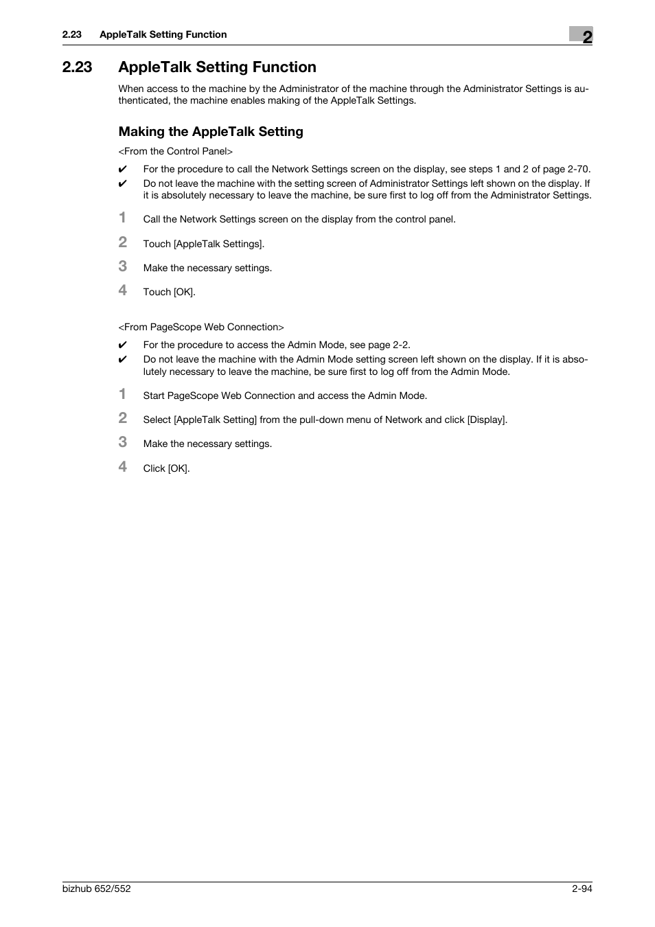 23 appletalk setting function, Making the appletalk setting | Konica Minolta bizhub Secure User Manual | Page 109 / 185