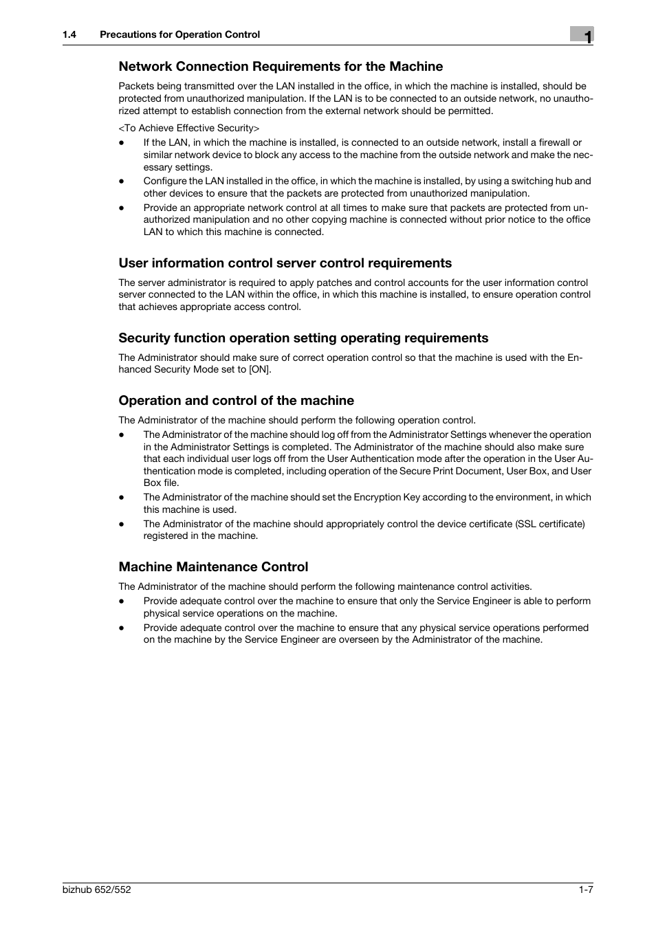 Network connection requirements for the machine, Operation and control of the machine, Machine maintenance control | Konica Minolta bizhub Secure User Manual | Page 11 / 185