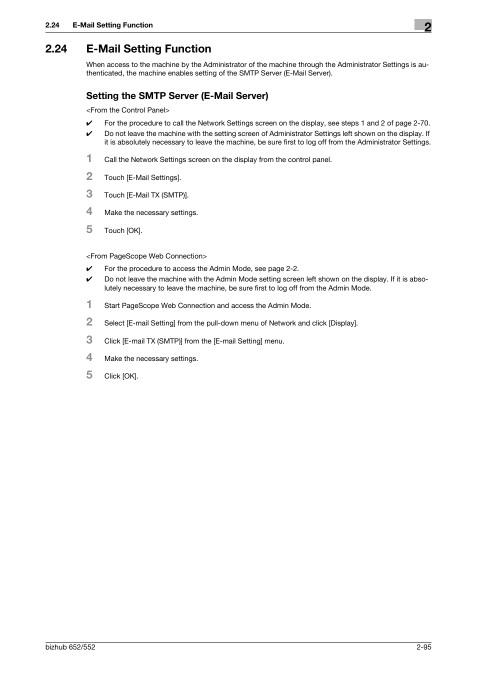 24 e-mail setting function, Setting the smtp server (e-mail server) | Konica Minolta bizhub Secure User Manual | Page 110 / 185