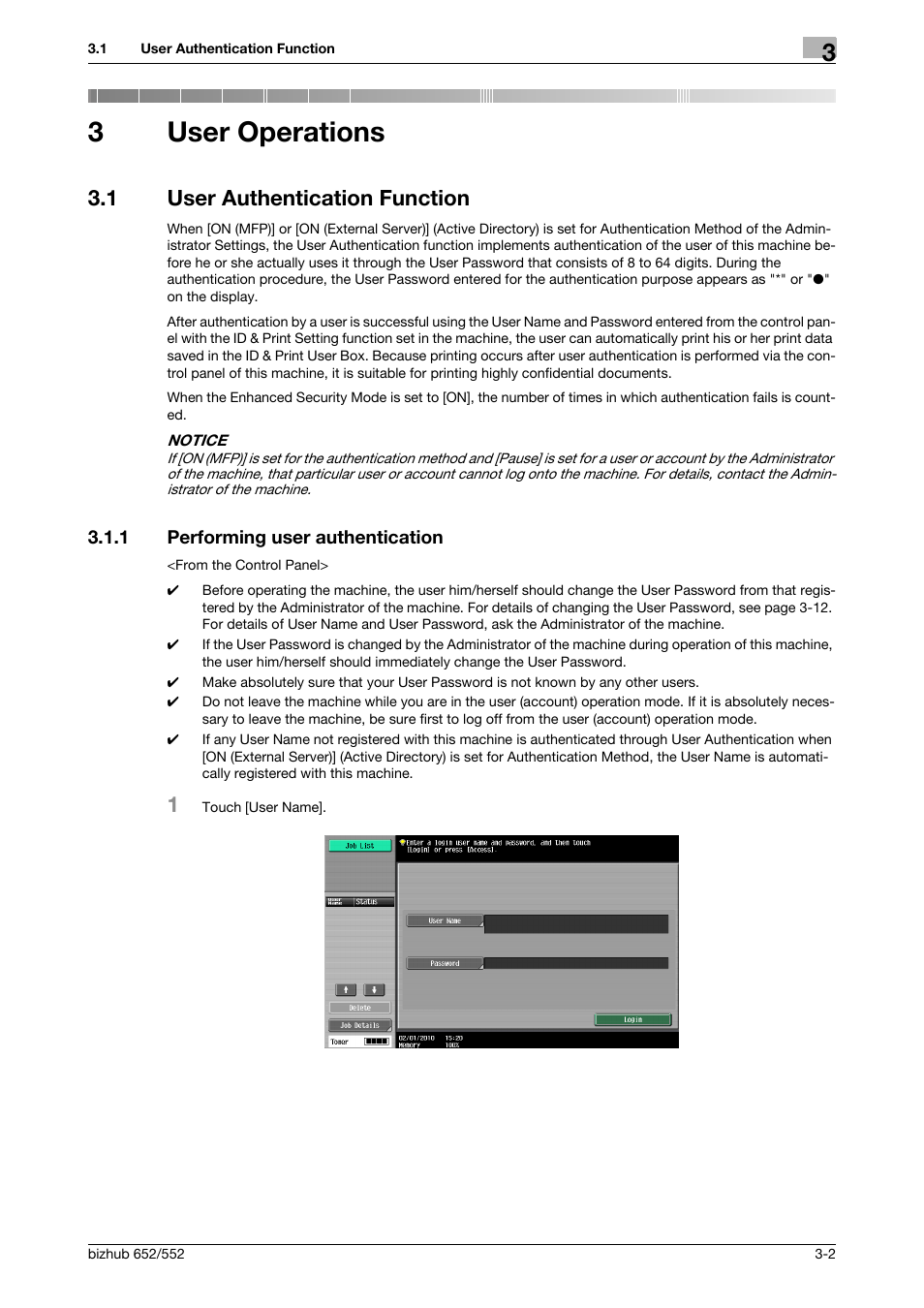 3 user operations, 1 user authentication function, 1 performing user authentication | User operations, User authentication function -2, Performing user authentication -2, 3user operations | Konica Minolta bizhub Secure User Manual | Page 112 / 185