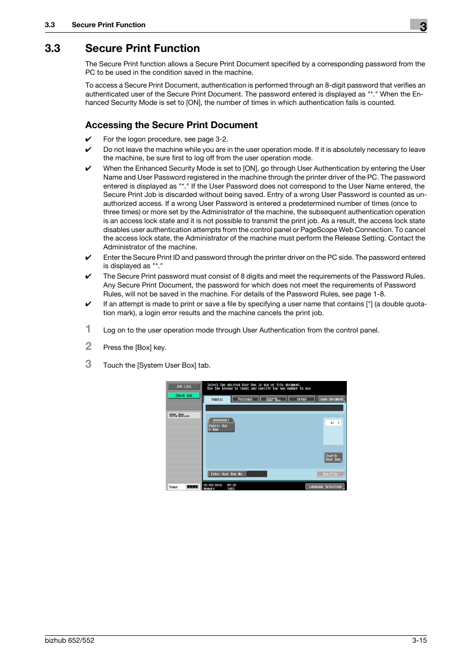 3 secure print function, Accessing the secure print document | Konica Minolta bizhub Secure User Manual | Page 125 / 185