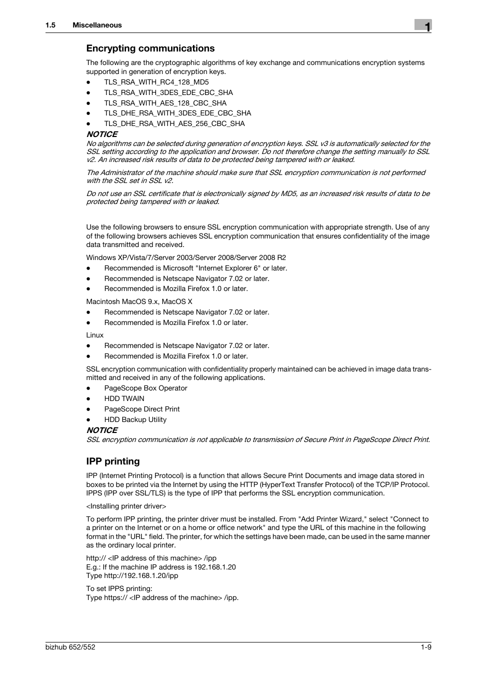 Encrypting communications, Ipp printing, Encrypting communications -9 ipp printing -9 | Konica Minolta bizhub Secure User Manual | Page 13 / 185