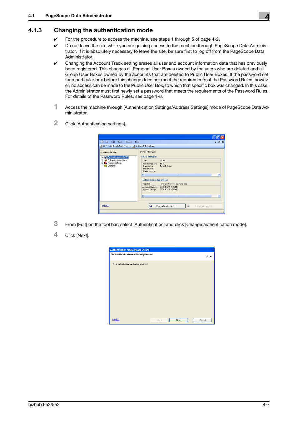 3 changing the authentication mode, Changing the authentication mode -7 | Konica Minolta bizhub Secure User Manual | Page 154 / 185