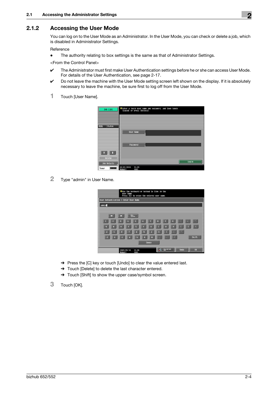 2 accessing the user mode, Accessing the user mode -4 | Konica Minolta bizhub Secure User Manual | Page 19 / 185