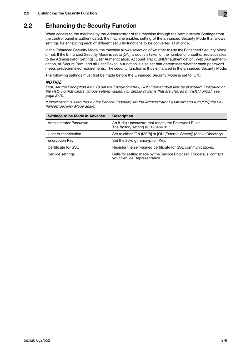 2 enhancing the security function, Enhancing the security function -8 | Konica Minolta bizhub Secure User Manual | Page 23 / 185