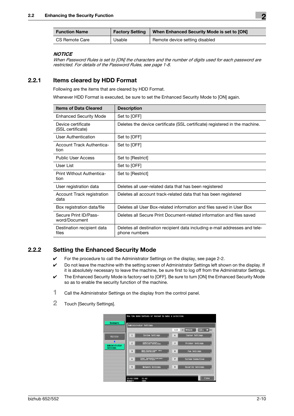 1 items cleared by hdd format, 2 setting the enhanced security mode, Items cleared by hdd format -10 | Setting the enhanced security mode -10 | Konica Minolta bizhub Secure User Manual | Page 25 / 185