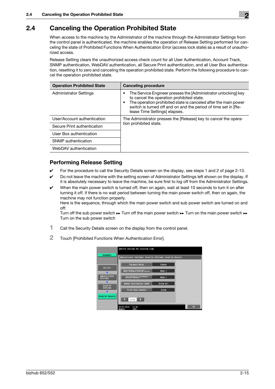 4 canceling the operation prohibited state, Performing release setting | Konica Minolta bizhub Secure User Manual | Page 30 / 185