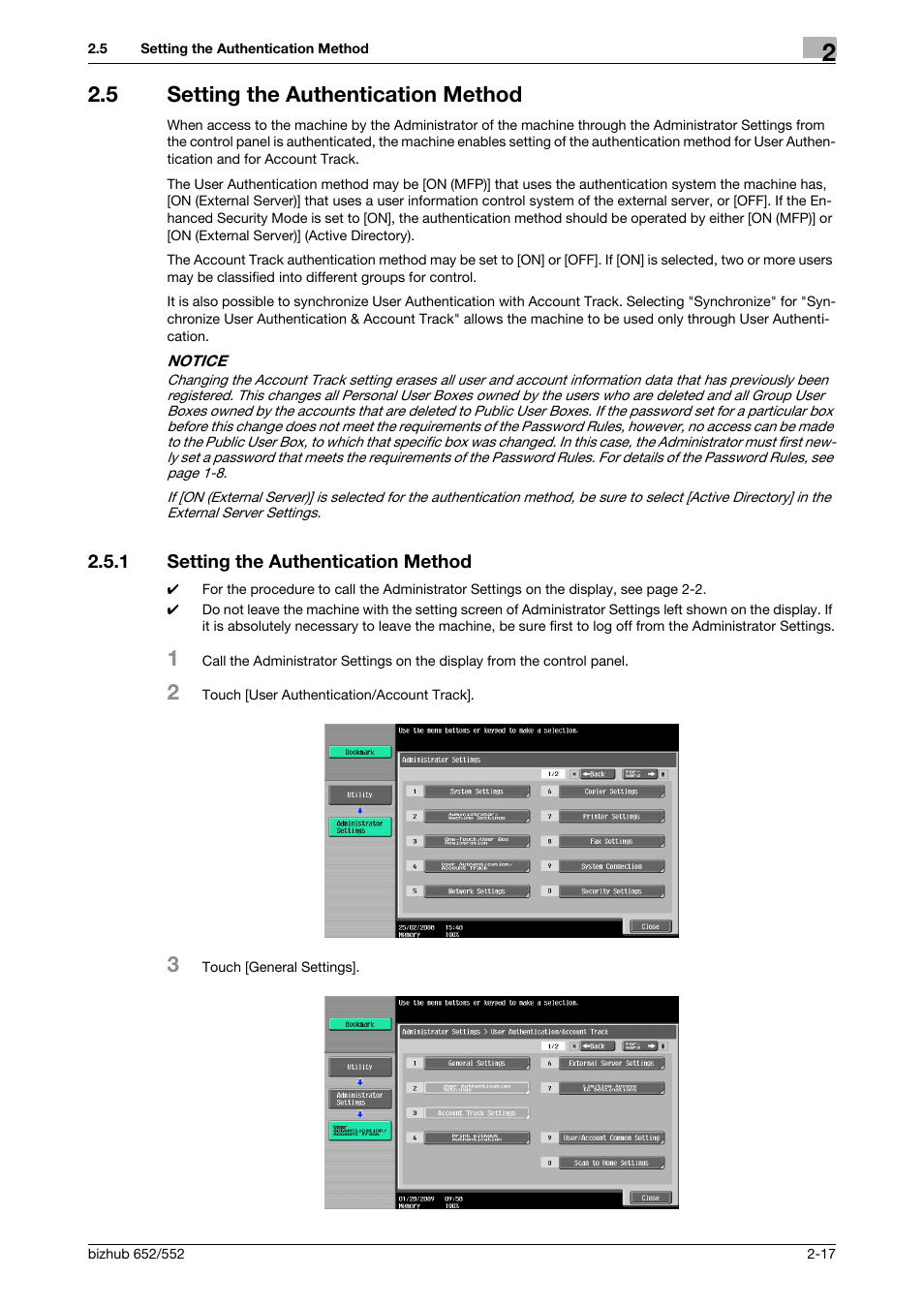 5 setting the authentication method, 1 setting the authentication method, Setting the authentication method -17 | Konica Minolta bizhub Secure User Manual | Page 32 / 185