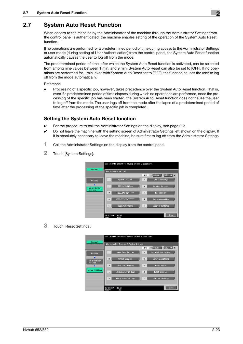 7 system auto reset function, Setting the system auto reset function | Konica Minolta bizhub Secure User Manual | Page 38 / 185