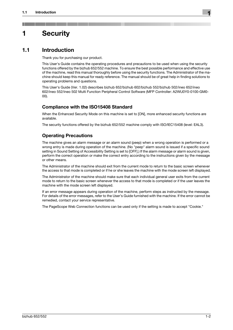 1 security, 1 introduction, Compliance with the iso15408 standard | Operating precautions, Security, 1security | Konica Minolta bizhub Secure User Manual | Page 6 / 185