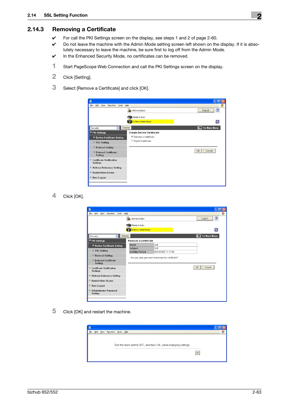 3 removing a certificate, Removing a certificate -63 | Konica Minolta bizhub Secure User Manual | Page 78 / 185