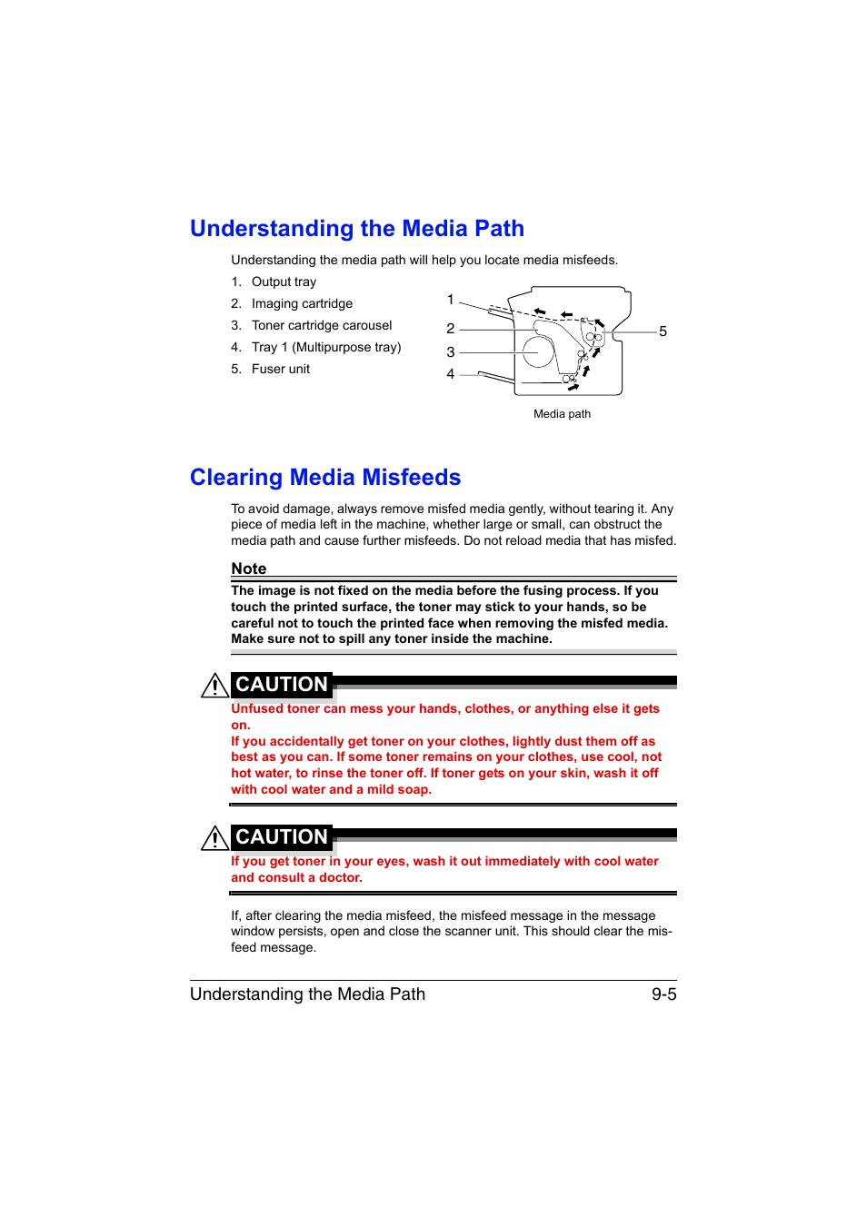 Understanding the media path, Clearing media misfeeds, Caution | Konica Minolta magicolor 1680MF User Manual | Page 132 / 169