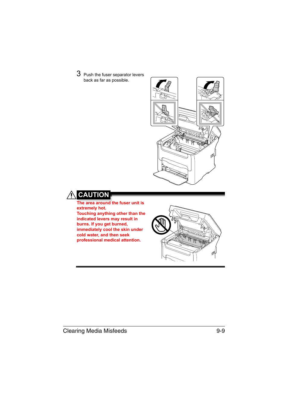 Caution, Clearing media misfeeds 9-9 | Konica Minolta magicolor 1680MF User Manual | Page 136 / 169