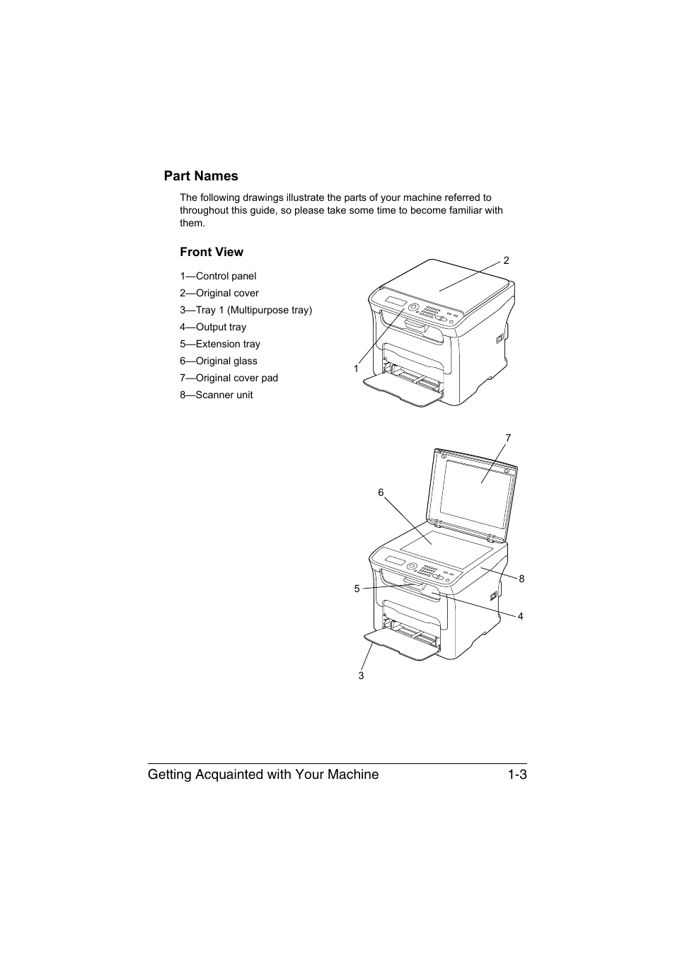 Part names, Front view, Part names -3 | Front view -3 | Konica Minolta magicolor 1680MF User Manual | Page 14 / 169