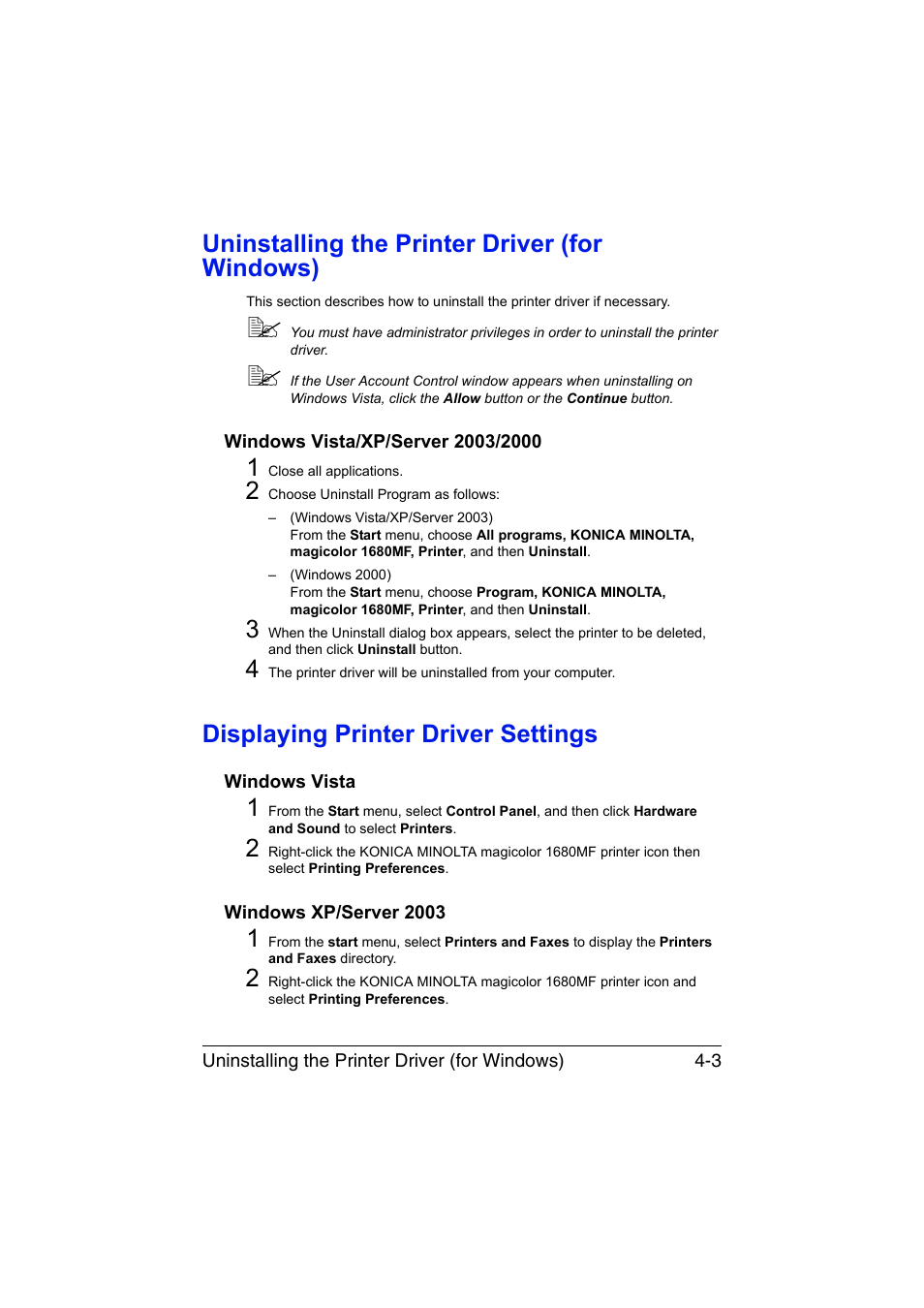 Uninstalling the printer driver (for windows), Windows vista/xp/server 2003/2000, Displaying printer driver settings | Windows vista, Windows xp/server 2003, Uninstalling the printer driver (for windows) -3, Windows vista/xp/server 2003/2000 -3, Displaying printer driver settings -3, Windows vista -3 windows xp/server 2003 -3 | Konica Minolta magicolor 1680MF User Manual | Page 64 / 169