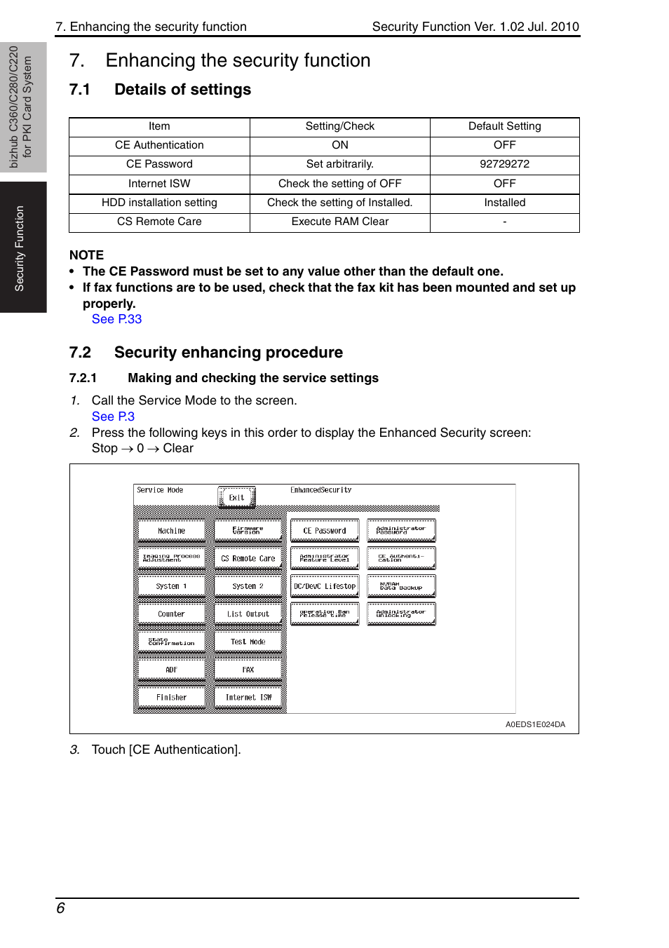 Enhancing the security function, 1 details of settings, 2 security enhancing procedure | 1 making and checking the service settings, Details of settings, Security enhancing procedure, Making and checking the service settings | Konica Minolta BIZHUB C360 User Manual | Page 10 / 41