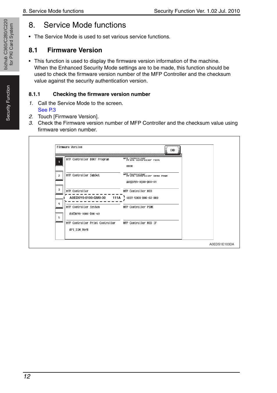 Service mode functions, 1 firmware version, 1 checking the firmware version number | Firmware version, Checking the firmware version number | Konica Minolta BIZHUB C360 User Manual | Page 16 / 41