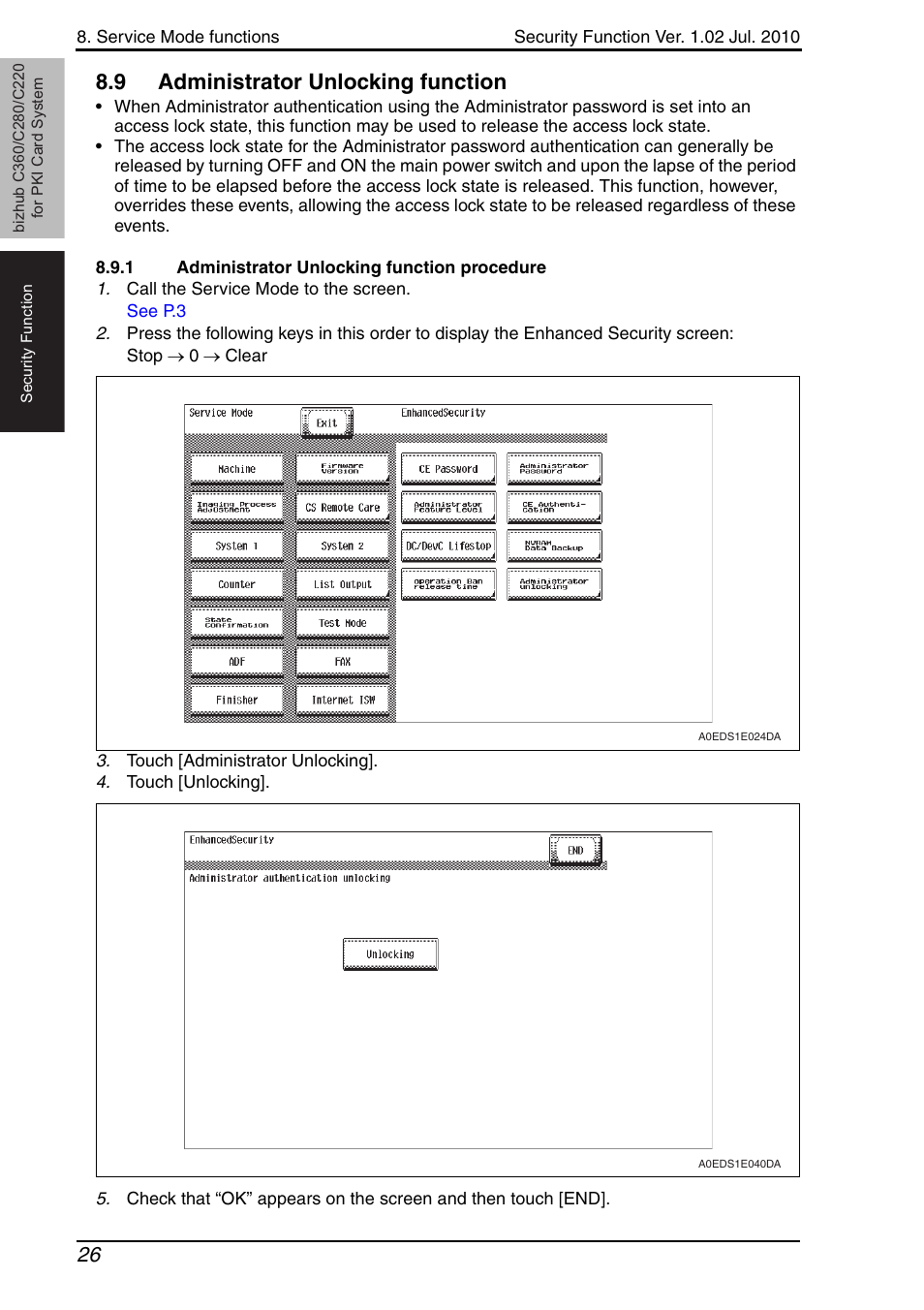 9 administrator unlocking function, 1 administrator unlocking function procedure, Administrator unlocking function | Administrator unlocking function procedure | Konica Minolta BIZHUB C360 User Manual | Page 30 / 41