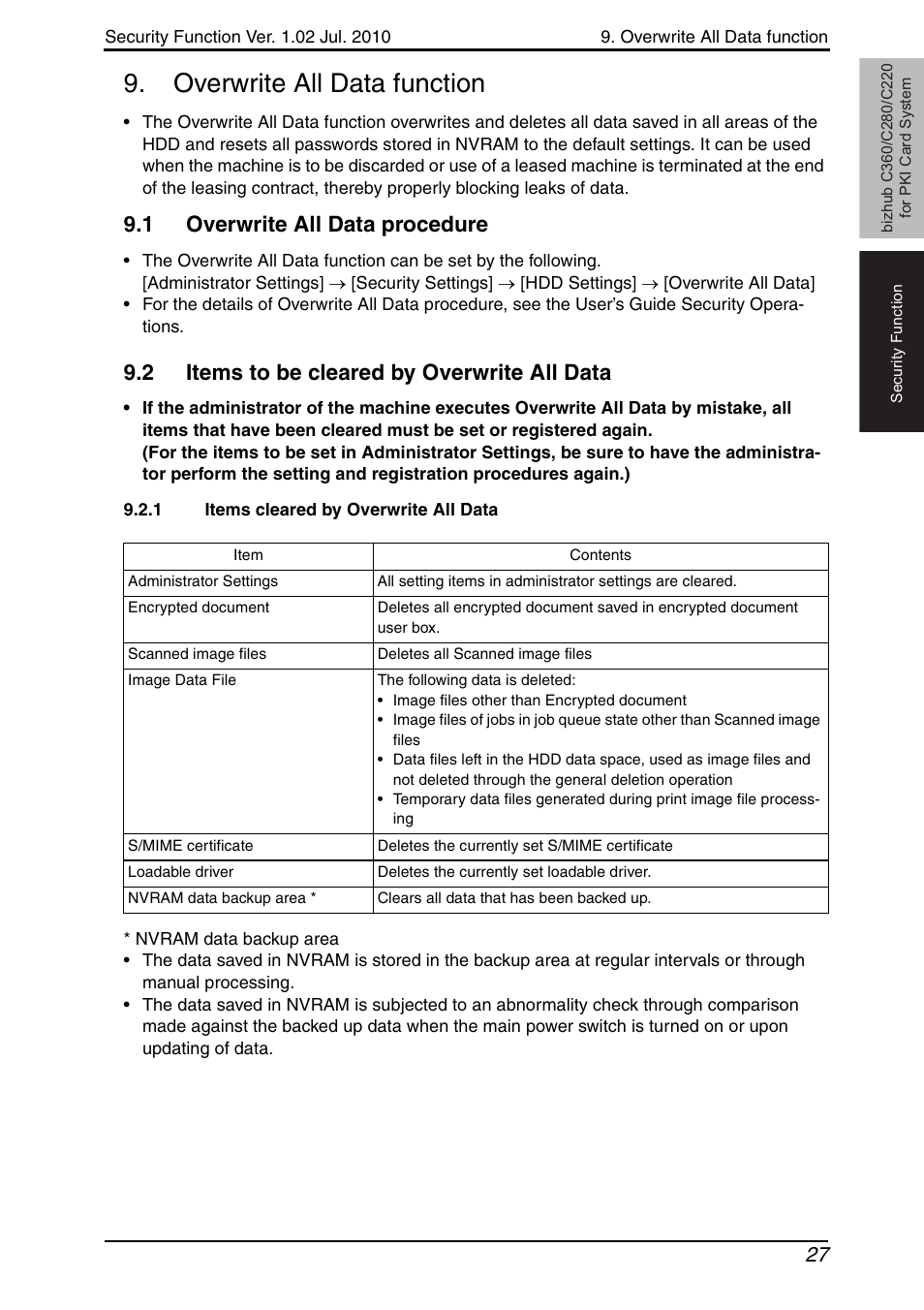 Overwrite all data function, 1 overwrite all data procedure, 2 items to be cleared by overwrite all data | 1 items cleared by overwrite all data, Overwrite all data procedure, Items to be cleared by overwrite all data, Items cleared by overwrite all data | Konica Minolta BIZHUB C360 User Manual | Page 31 / 41