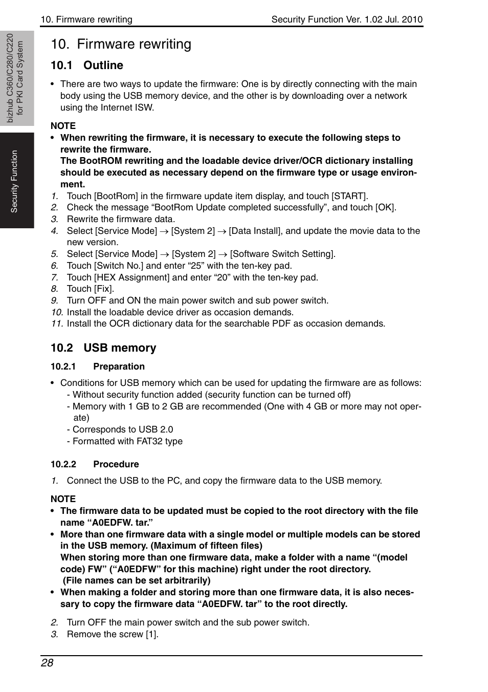 Firmware rewriting, 1 outline, 2 usb memory | 1 preparation, 2 procedure, Preparation, Procedure | Konica Minolta BIZHUB C360 User Manual | Page 32 / 41