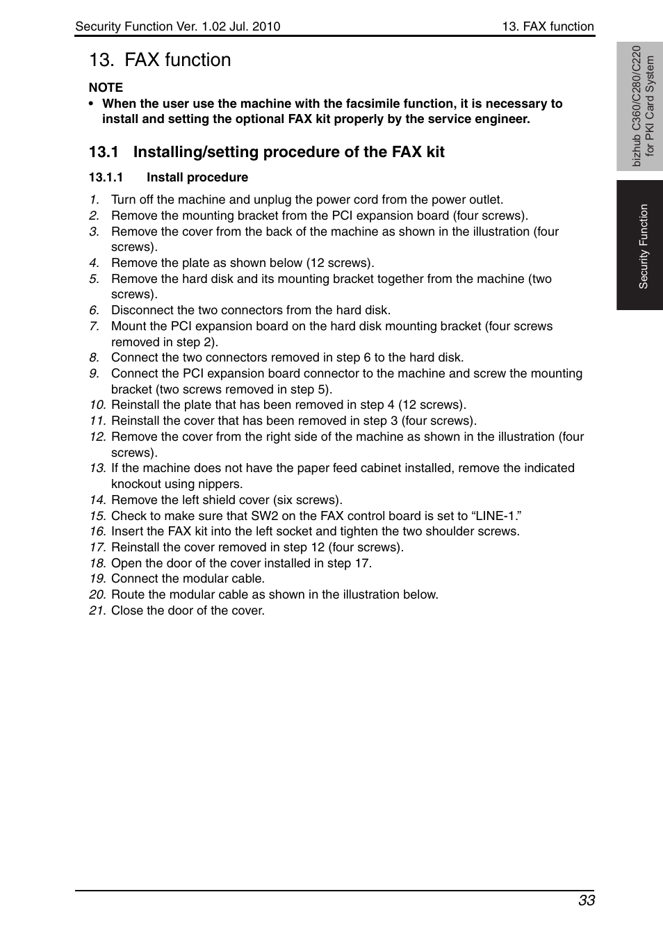 Fax function, 1 installing/setting procedure of the fax kit, 1 install procedure | Install procedure | Konica Minolta BIZHUB C360 User Manual | Page 37 / 41