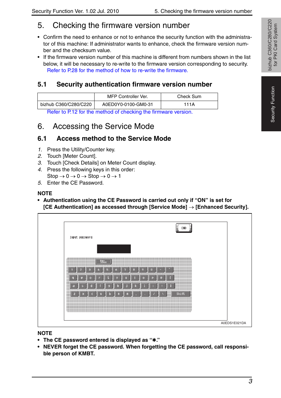 Checking the firmware version number, 1 security authentication firmware version number, Accessing the service mode | 1 access method to the service mode, Security authentication firmware version number, Access method to the service mode | Konica Minolta BIZHUB C360 User Manual | Page 7 / 41