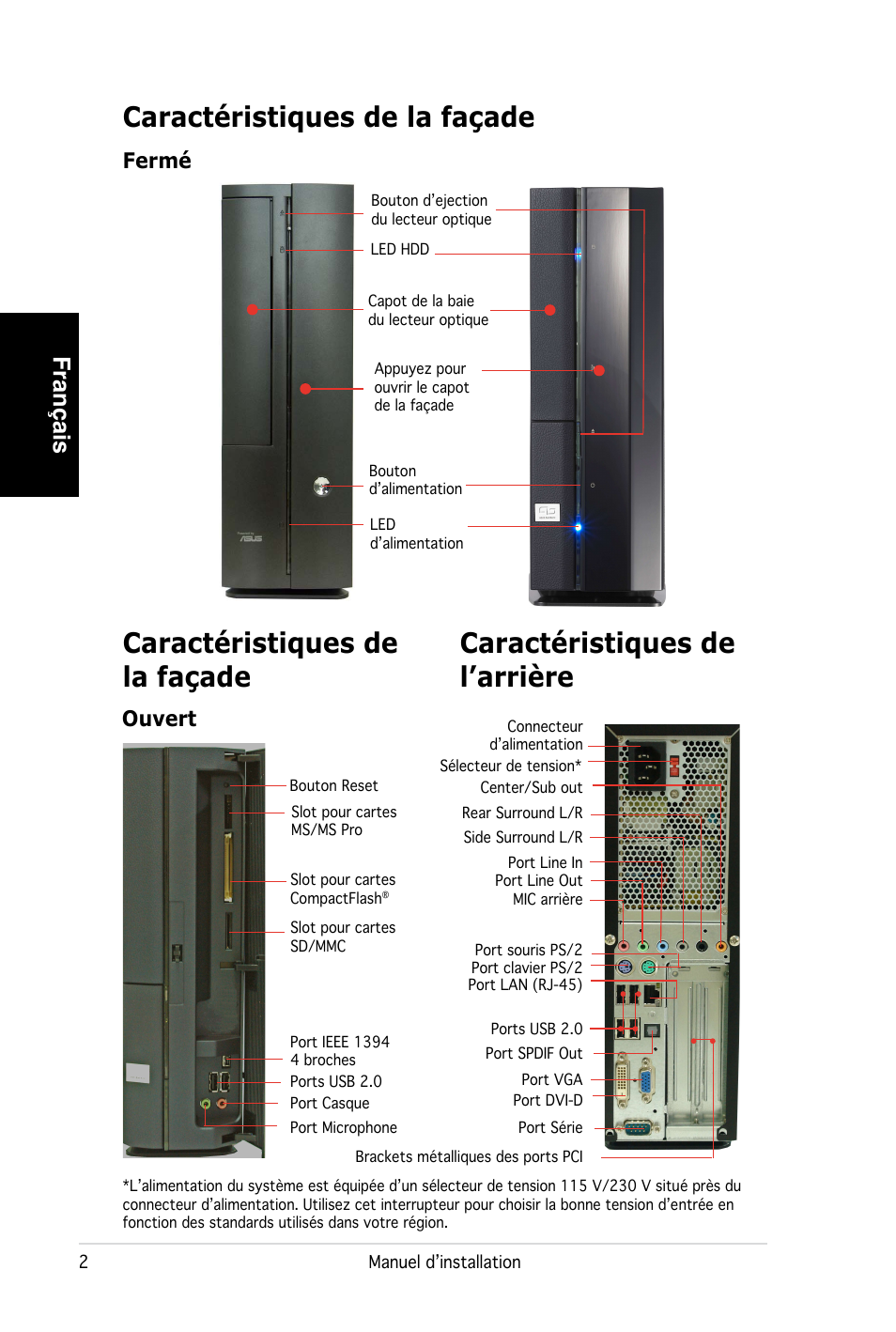 Caractéristiques de la façade, Français, Fermé ouvert | Asus PC (Desktop Barebone) P2-P5945G User Manual | Page 10 / 80