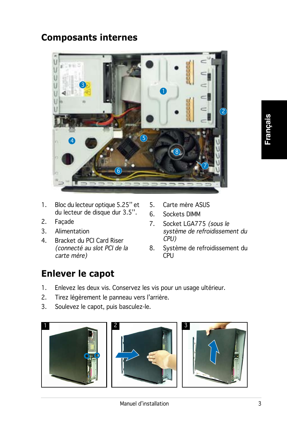 Composants internes, Enlever le capot, Français | Asus PC (Desktop Barebone) P2-P5945G User Manual | Page 11 / 80