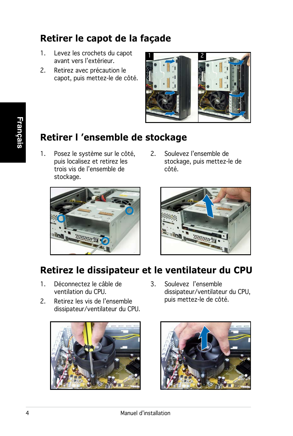 Retirer l ’ensemble de stockage, Français | Asus PC (Desktop Barebone) P2-P5945G User Manual | Page 12 / 80