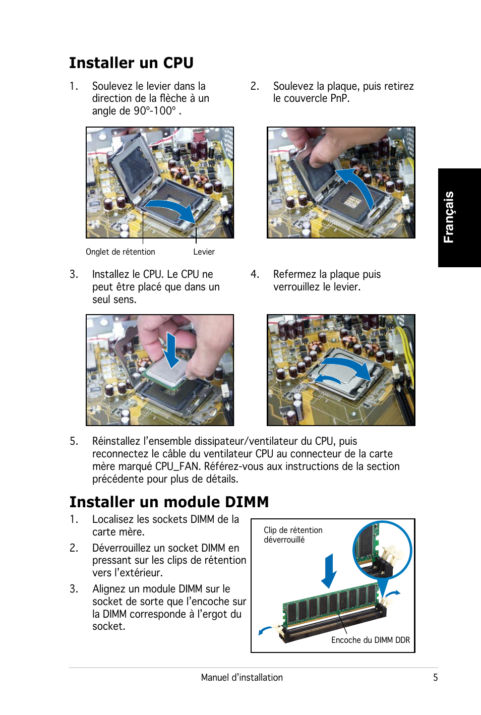 Installer un cpu, Installer un module dimm, Français | Asus PC (Desktop Barebone) P2-P5945G User Manual | Page 13 / 80