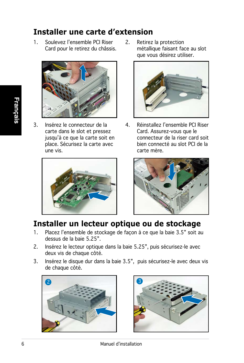 Installer un lecteur optique ou de stockage, Installer une carte d’extension, Français | Asus PC (Desktop Barebone) P2-P5945G User Manual | Page 14 / 80