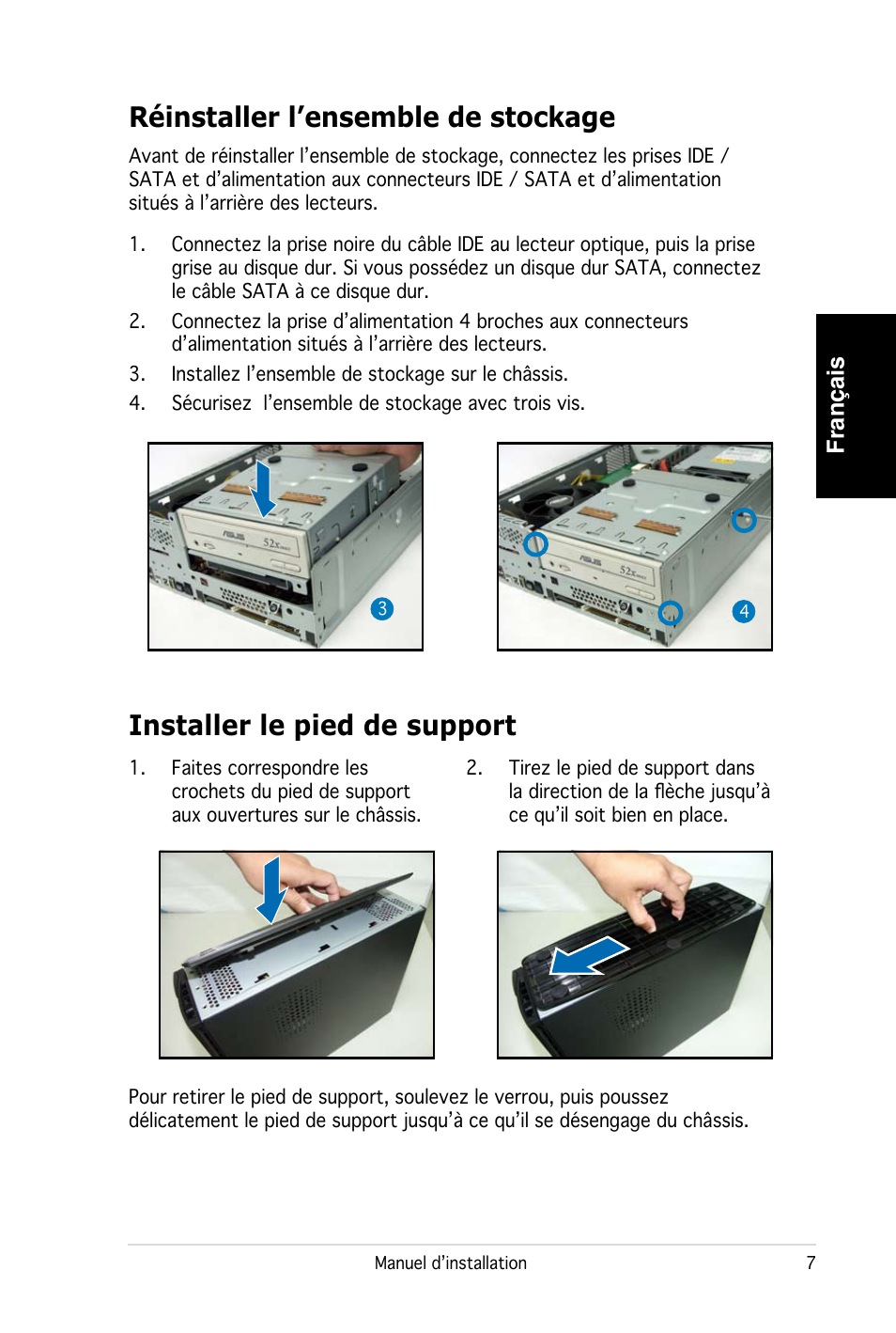 Réinstaller l’ensemble de stockage, Installer le pied de support, Français | Asus PC (Desktop Barebone) P2-P5945G User Manual | Page 15 / 80