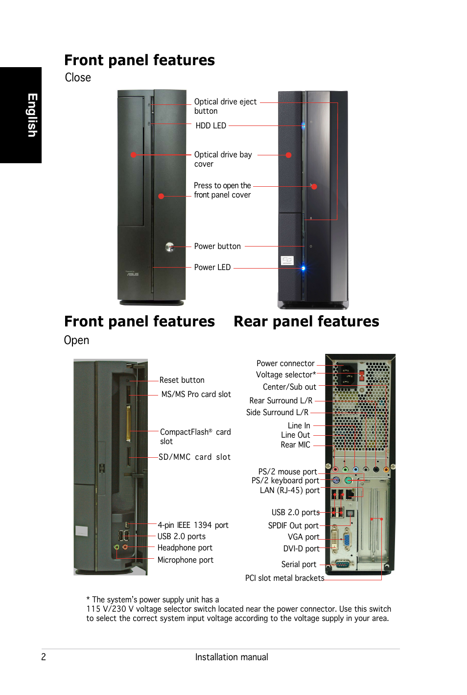 Front panel features, Rear panel features, English | Close open | Asus PC (Desktop Barebone) P2-P5945G User Manual | Page 2 / 80