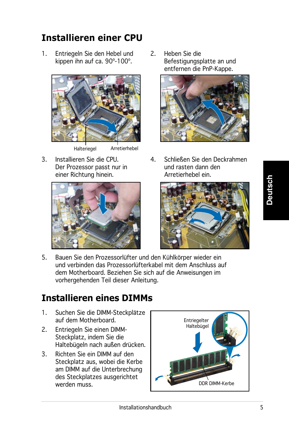 Installieren einer cpu, Installieren eines dimms, Deutsch | Asus PC (Desktop Barebone) P2-P5945G User Manual | Page 21 / 80