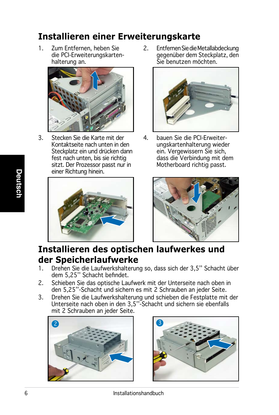 Installieren einer erweiterungskarte, Deutsch | Asus PC (Desktop Barebone) P2-P5945G User Manual | Page 22 / 80