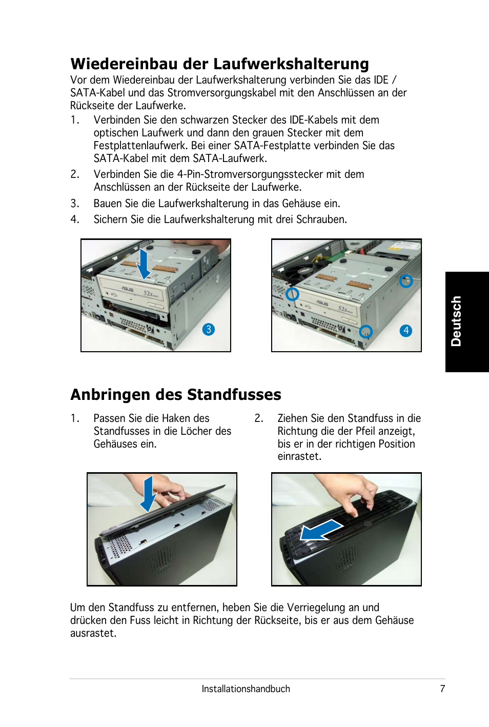 Wiedereinbau der laufwerkshalterung, Anbringen des standfusses, Deutsch | Asus PC (Desktop Barebone) P2-P5945G User Manual | Page 23 / 80