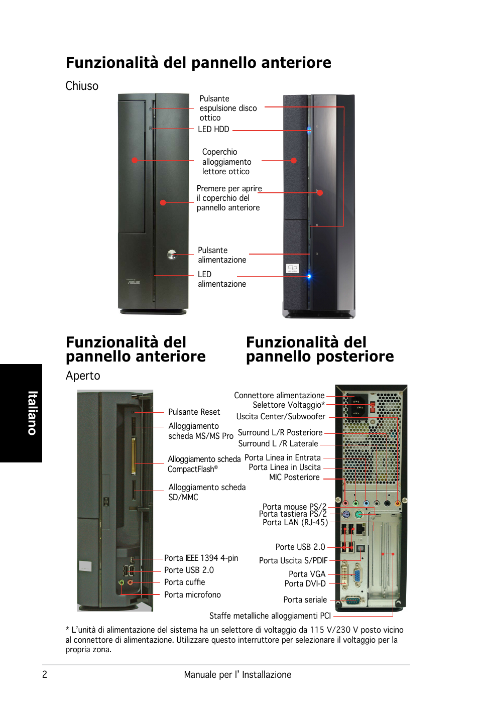 Funzionalità del pannello anteriore, Italiano, Chiuso aperto | Asus PC (Desktop Barebone) P2-P5945G User Manual | Page 26 / 80