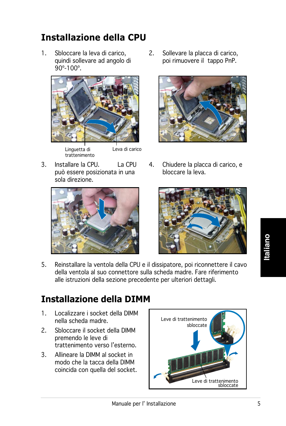 Installazione della cpu, Installazione della dimm, Italiano | Asus PC (Desktop Barebone) P2-P5945G User Manual | Page 29 / 80