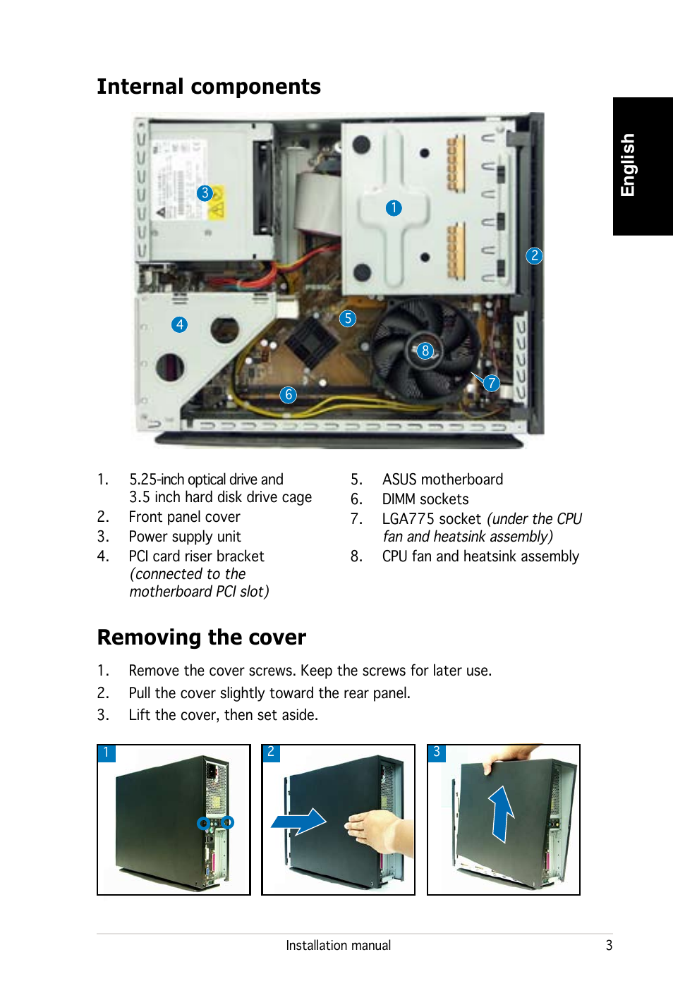 Internal components, Removing the cover, English | Asus PC (Desktop Barebone) P2-P5945G User Manual | Page 3 / 80