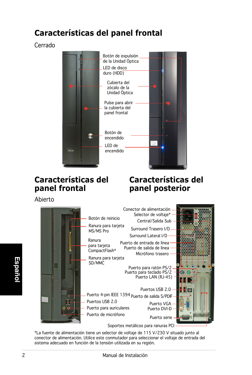 Características del panel frontal, Español, Cerrado abierto | Asus PC (Desktop Barebone) P2-P5945G User Manual | Page 34 / 80