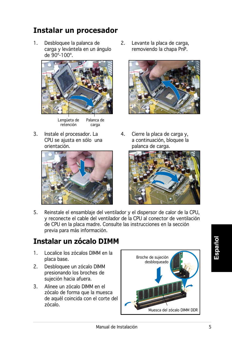 Instalar un procesador, Instalar un zócalo dimm, Español | Asus PC (Desktop Barebone) P2-P5945G User Manual | Page 37 / 80