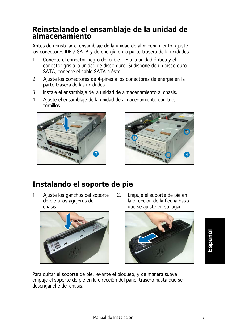 Instalando el soporte de pie, Español | Asus PC (Desktop Barebone) P2-P5945G User Manual | Page 39 / 80