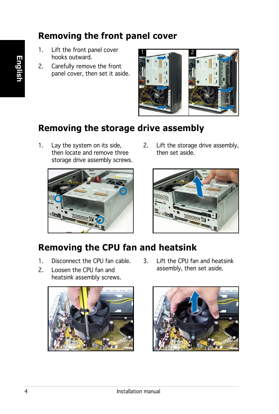 Removing the storage drive assembly, English | Asus PC (Desktop Barebone) P2-P5945G User Manual | Page 4 / 80