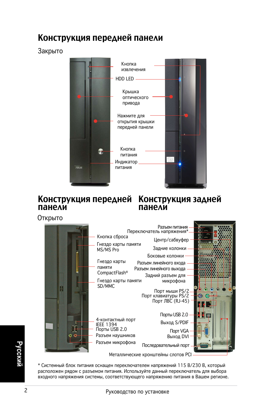 Конструкция передней панели, Ру сс ки й, Закрыто открыто | Asus PC (Desktop Barebone) P2-P5945G User Manual | Page 42 / 80