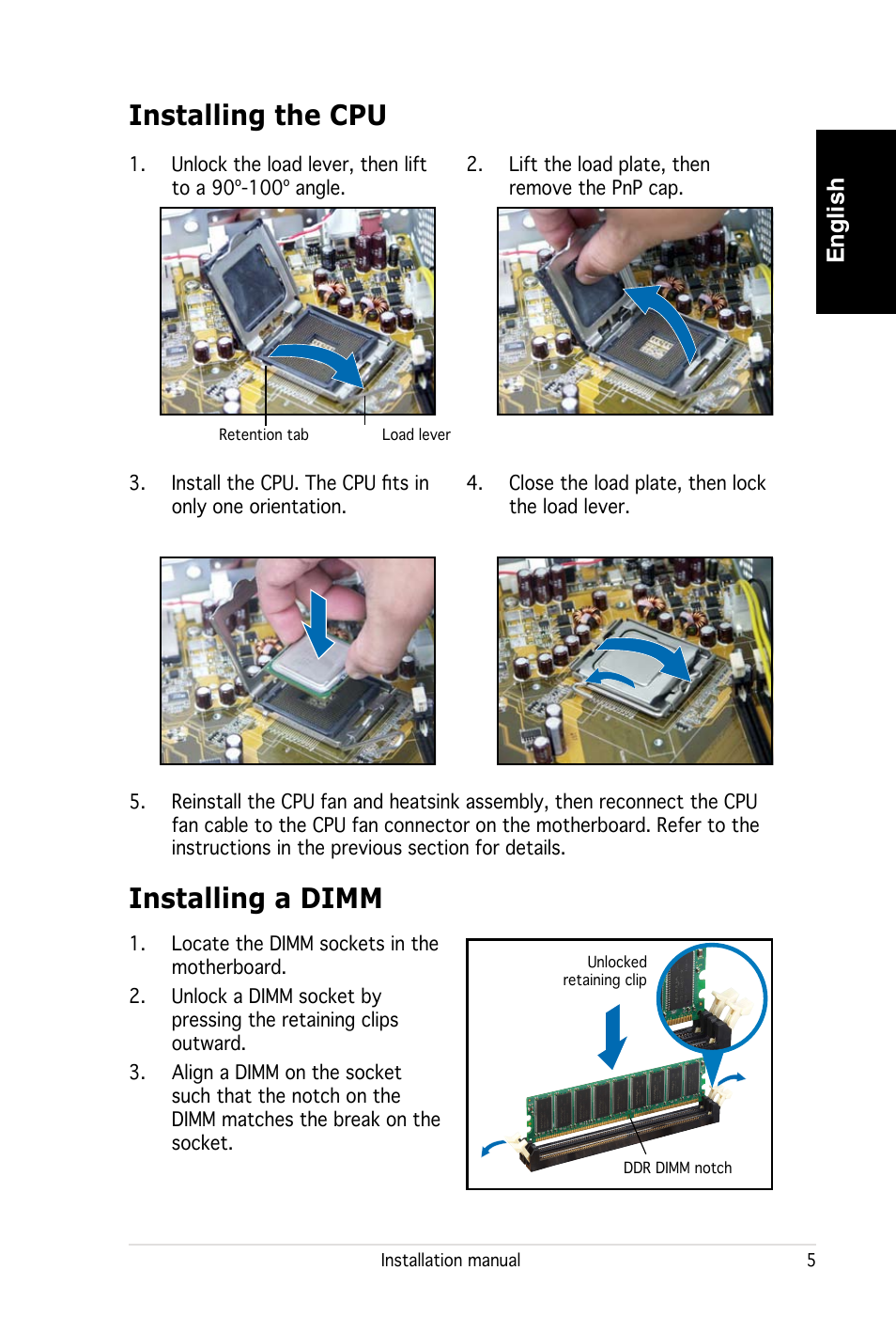 Installing the cpu, Installing a dimm, English | Asus PC (Desktop Barebone) P2-P5945G User Manual | Page 5 / 80