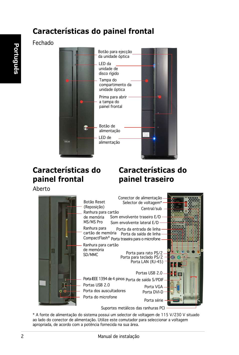 Características do painel frontal, Português, Fechado aberto | Asus PC (Desktop Barebone) P2-P5945G User Manual | Page 50 / 80