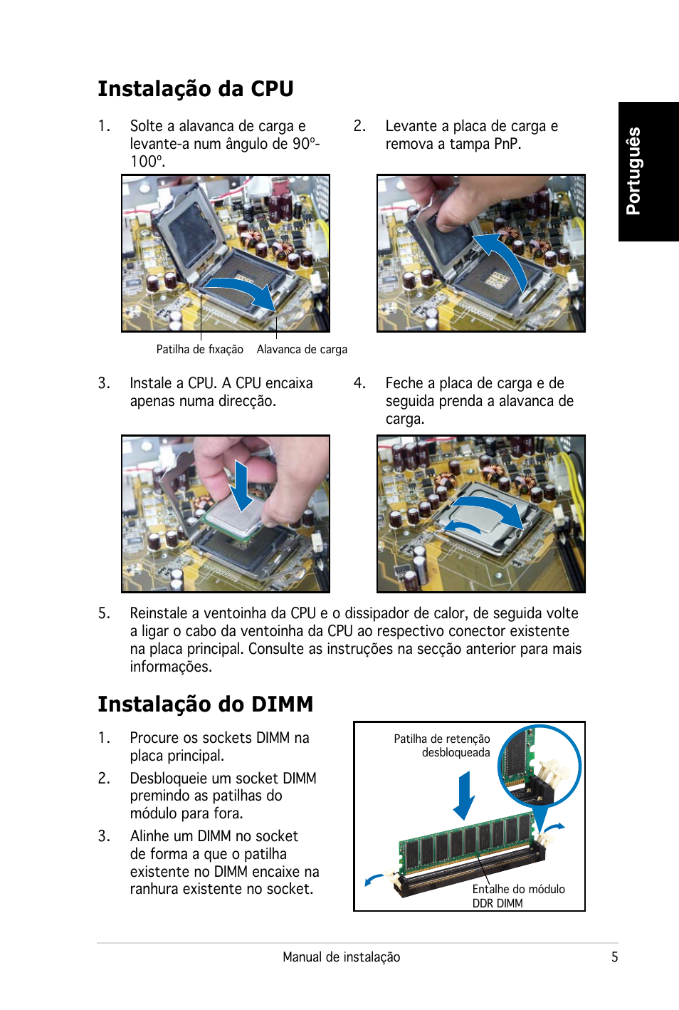 Instalação da cpu, Instalação do dimm, Português | Asus PC (Desktop Barebone) P2-P5945G User Manual | Page 53 / 80