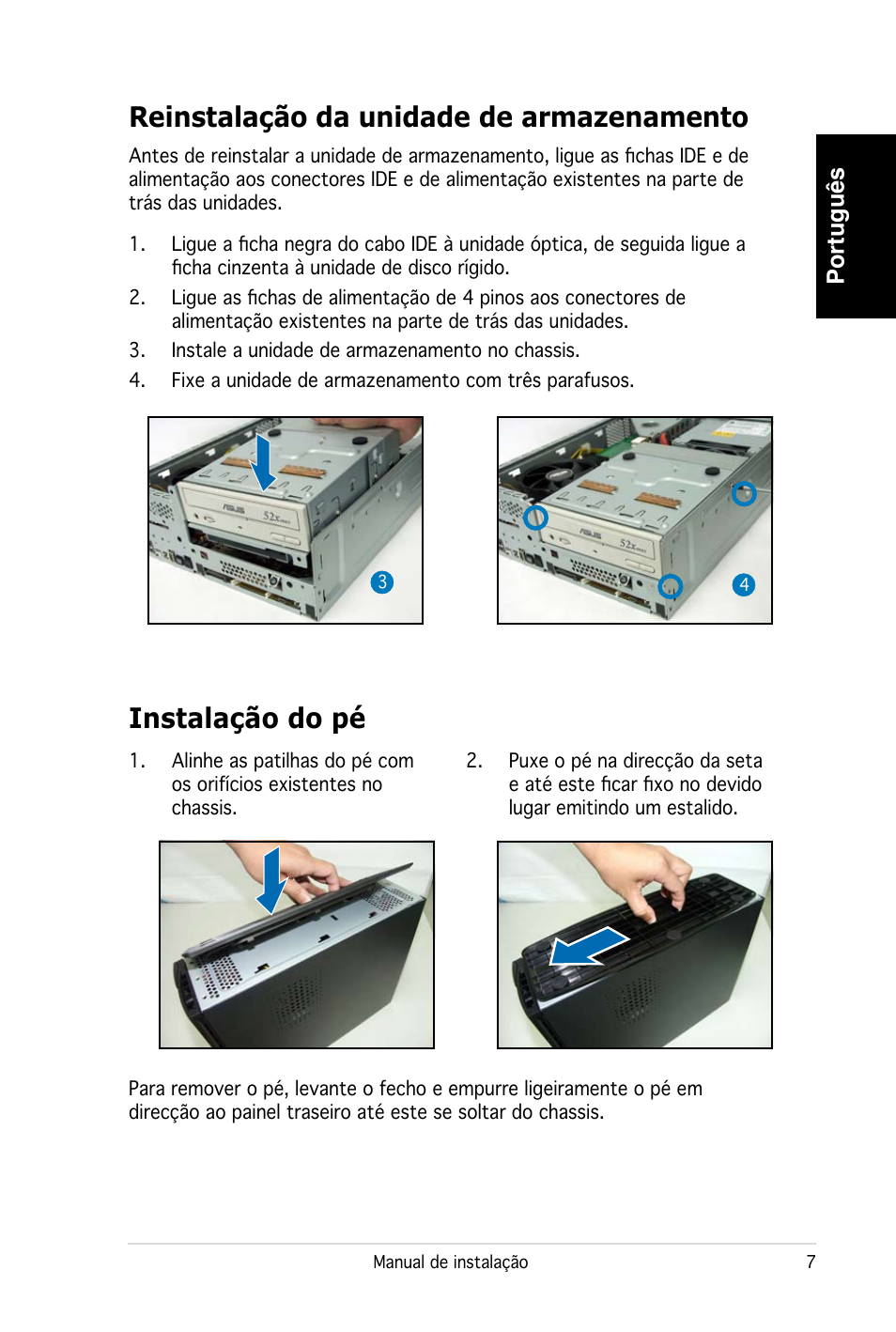 Reinstalação da unidade de armazenamento, Instalação do pé, Português | Asus PC (Desktop Barebone) P2-P5945G User Manual | Page 55 / 80